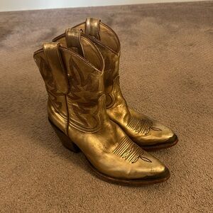 Gold distressed leather ankle cowboy boots